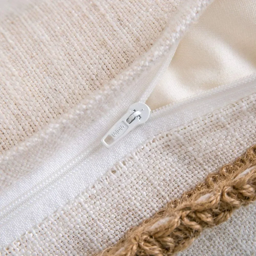 Decorative Throw Pillow Covers Burlap Linen Trimmed Tailored Edges Off White